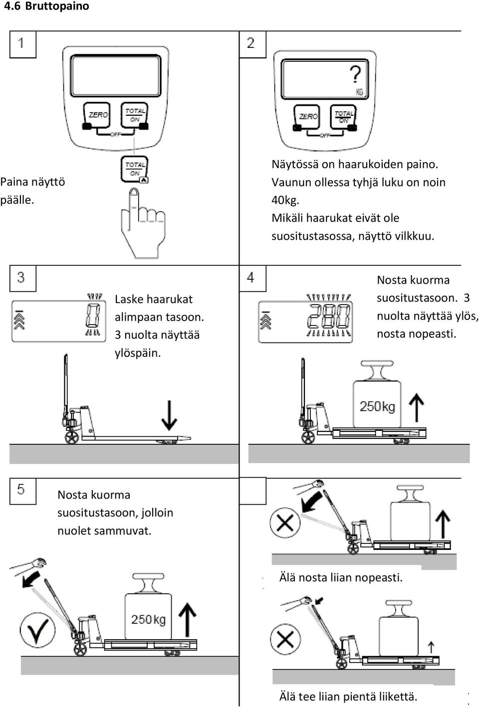 Laske haarukat alimpaan tasoon. 3 nuolta näyttää ylöspäin. Nosta kuorma suositustasoon.