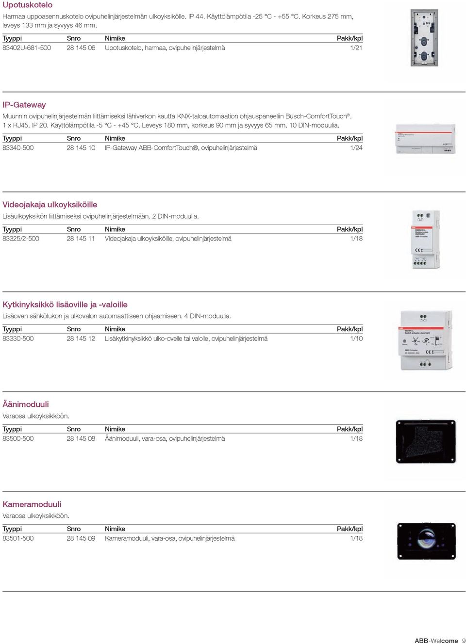 1 x RJ45. IP 0. Käyttölämpötila -5 C - +45 C. Leveys 180 mm, korkeus 90 mm ja syvyys 65 mm. 10 DIN-moduulia.