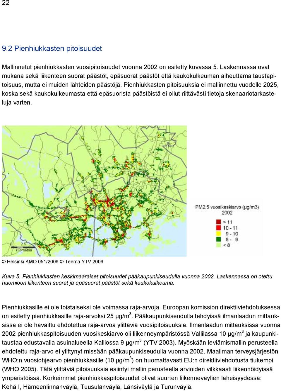 Pienhiukkasten pitoisuuksia ei mallinnettu vuodelle 2025, koska sekä kaukokulkeumasta että epäsuorista päästöistä ei ollut riittävästi tietoja skenaariotarkasteluja varten.