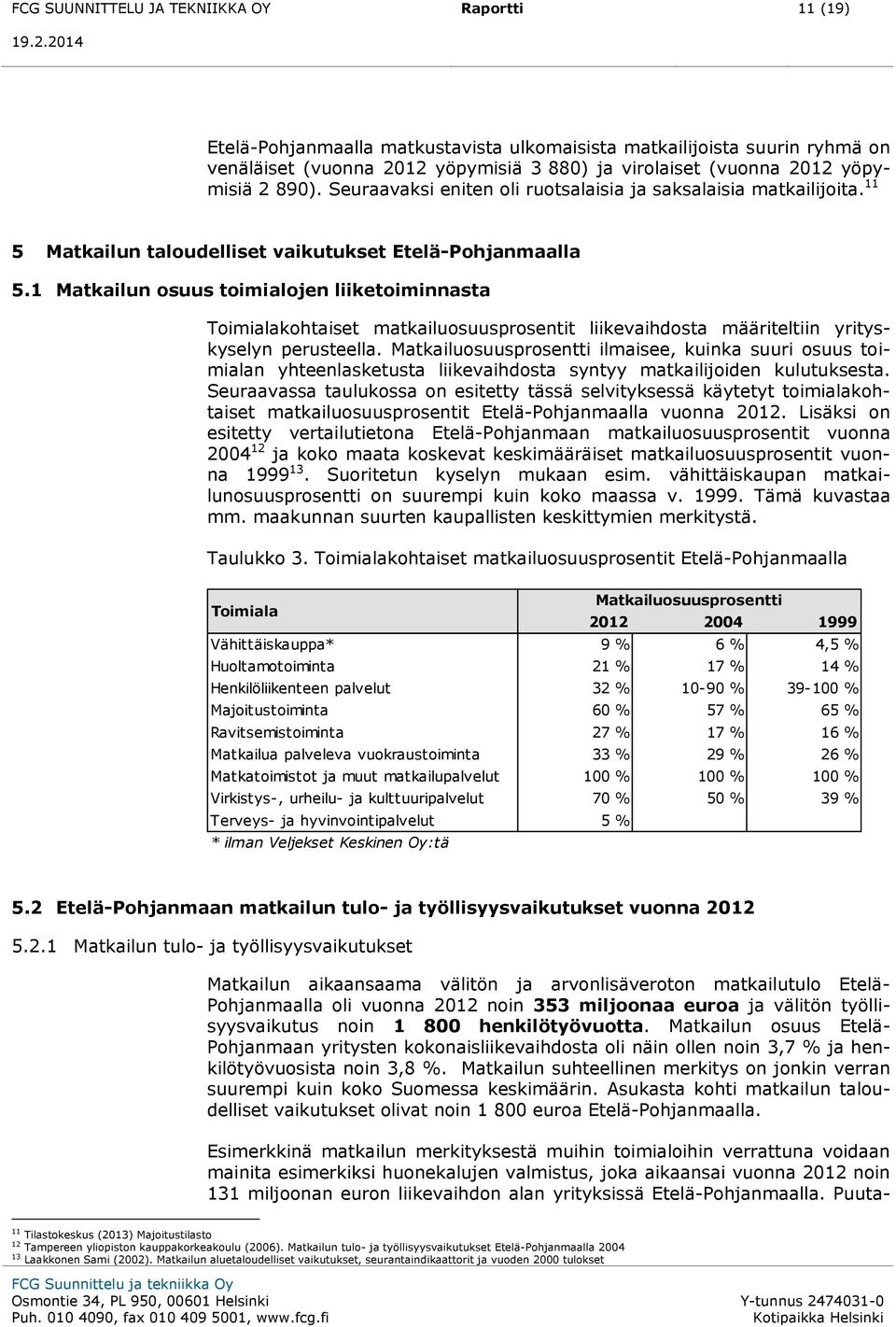 1 Matkailun osuus toimialojen liiketoiminnasta Toimialakohtaiset matkailuosuusprosentit liikevaihdosta määriteltiin yrityskyselyn perusteella.