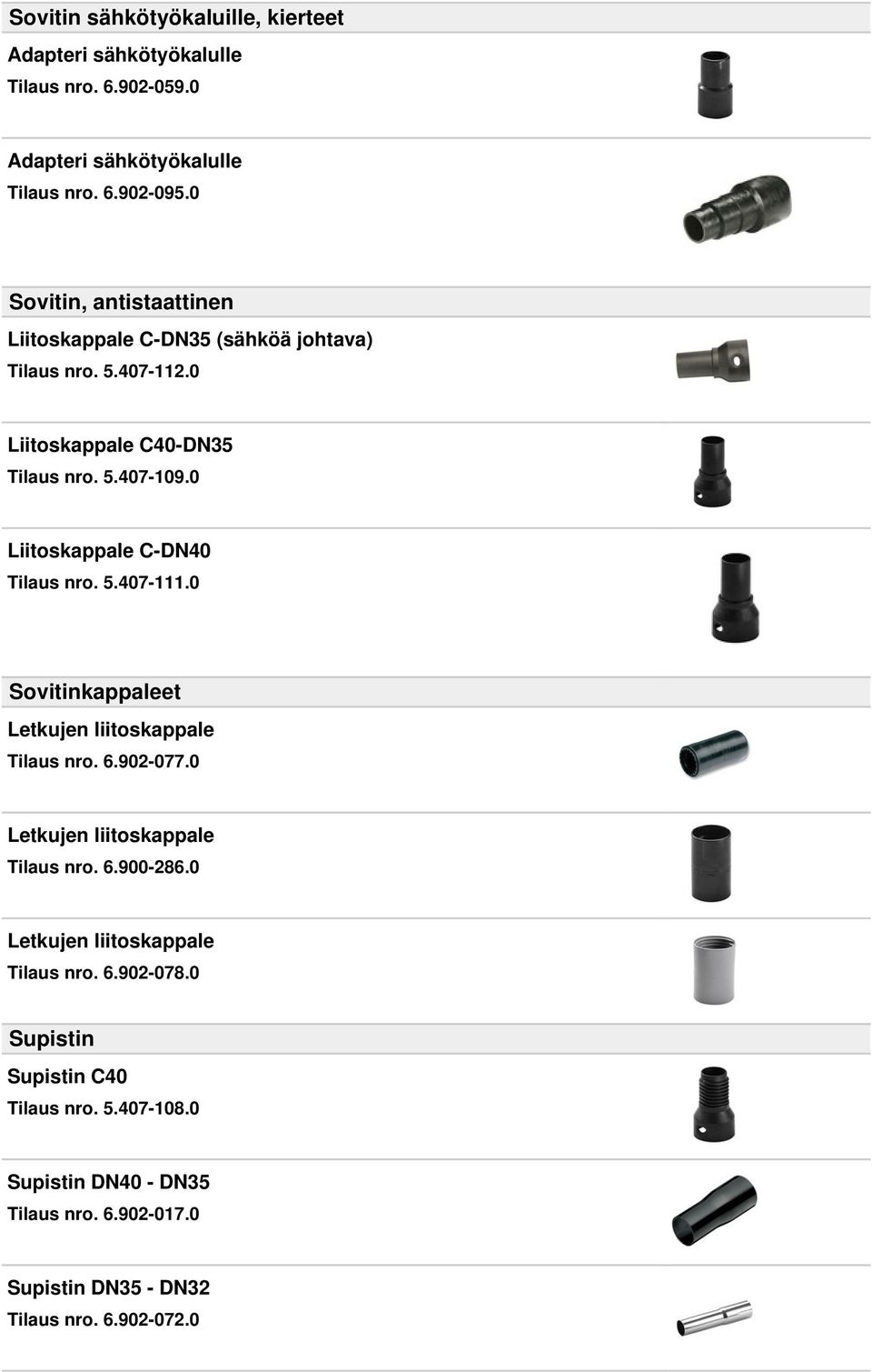 0 Liitoskappale C-DN40 Tilaus nro. 5.407-111.0 Sovitinkappaleet Letkujen liitoskappale Tilaus nro. 6.902-077.0 Letkujen liitoskappale Tilaus nro. 6.900-286.