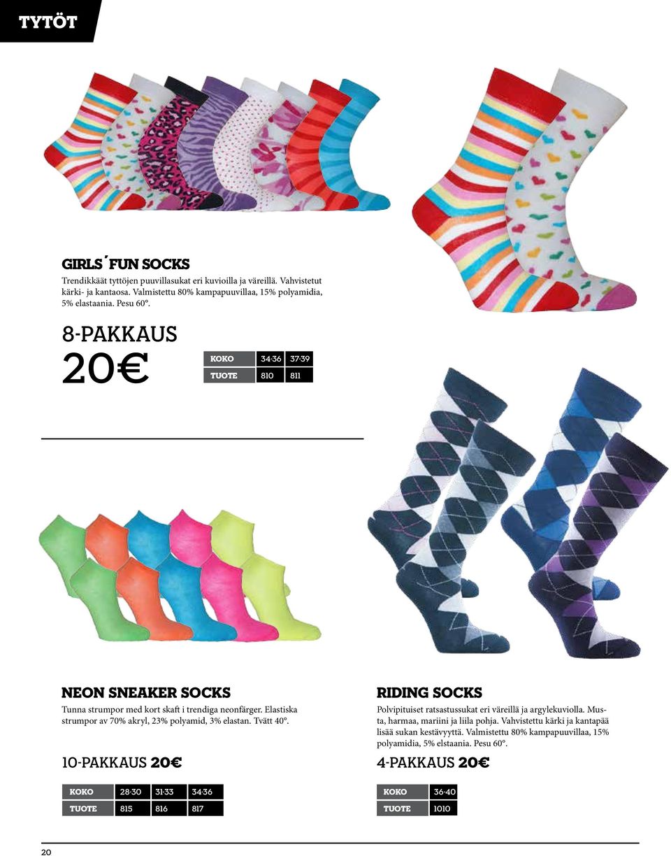 8-pakkaus 20 koko 34-36 37-39 tuote 810 811 Neon sneaker socks Tunna strumpor med kort skaft i trendiga neonfärger. Elastiska strumpor av 70% akryl, 23% polyamid, 3% elastan.
