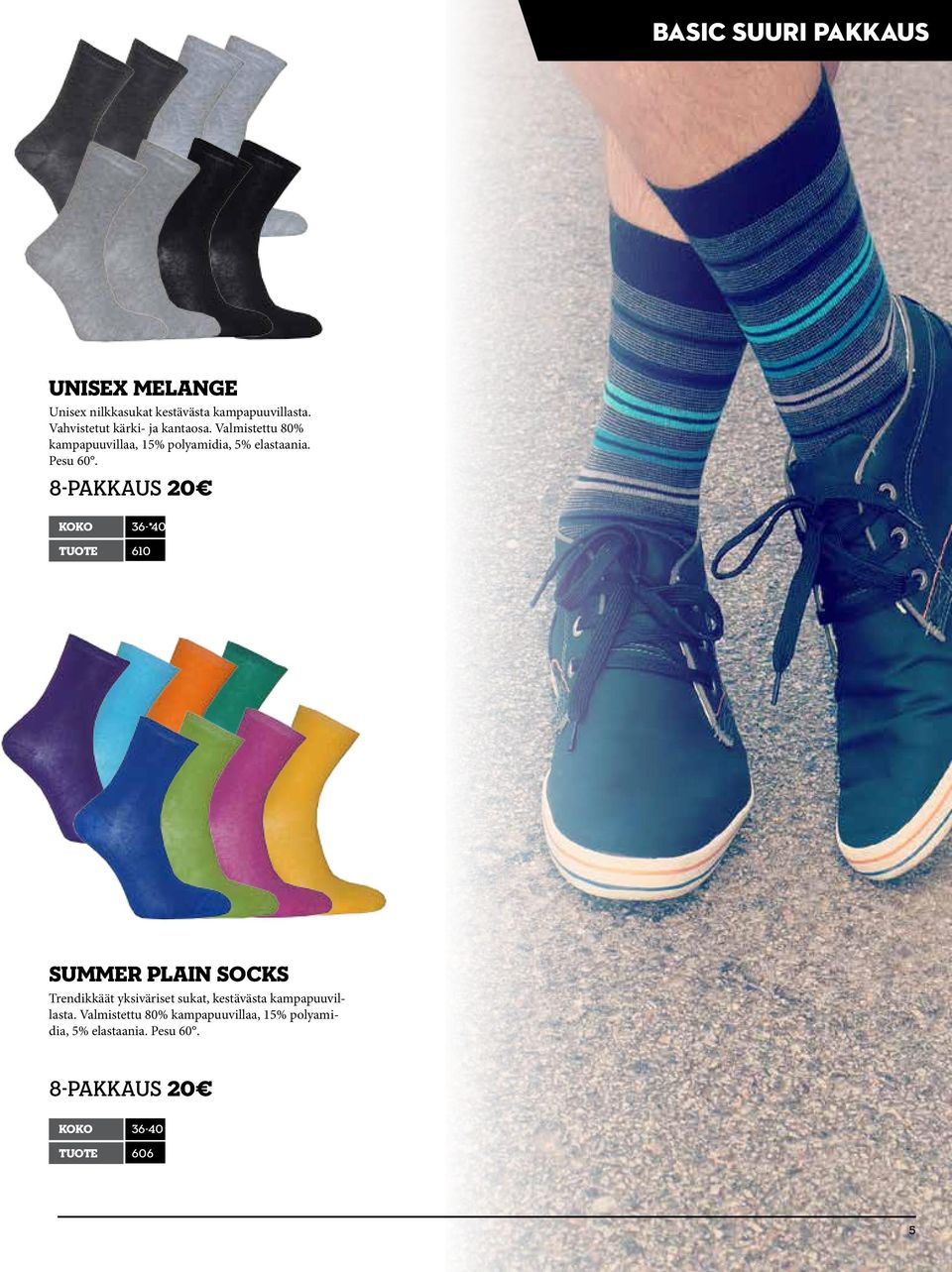 8-pakkaus 20 koko 36-*40 tuote 610 Summer Plain socks Trendikkäät yksiväriset sukat, kestävästa
