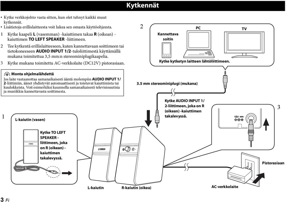 2 Kannettava soitin PC TV 2 Tee kytkentä erillislaitteeseen, kuten kannettavaan soittimeen tai tietokoneeseen AUDIO INPUT 1/2-tuloliittimestä käyttämällä mukana toimitettua 3,5 mm:n