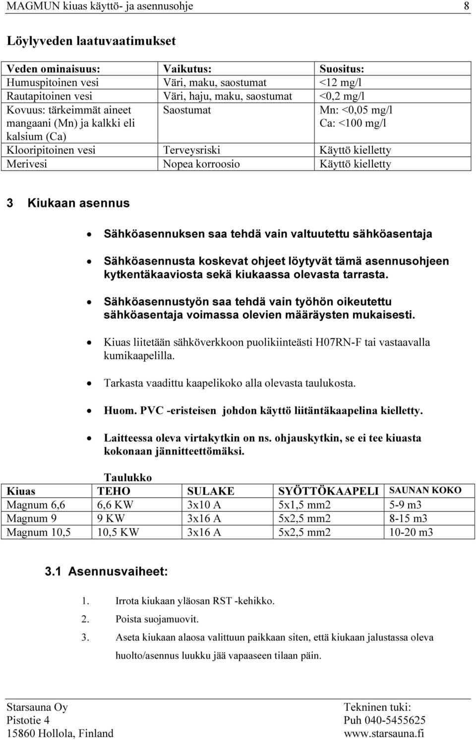 korroosio Käyttö kielletty 3 Kiukaan asennus Sähköasennuksen saa tehdä vain valtuutettu sähköasentaja Sähköasennusta koskevat ohjeet löytyvät tämä asennusohjeen kytkentäkaaviosta sekä kiukaassa