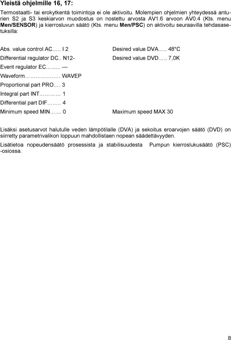. N12- Desired value DVD.. 7,0K Event regulator EC... --Waveform.. WAVEP Proportional part PRO. 3 Integral part INT 1 Differential part DIF.. 4 Minimum speed MIN.