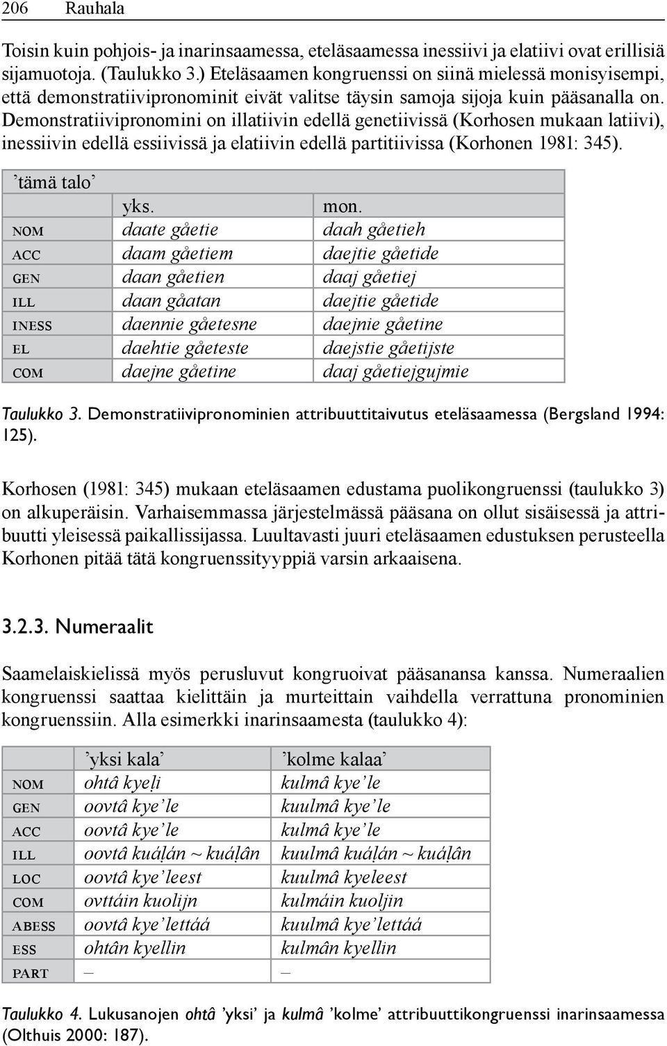 Demonstratiivipronomini on illatiivin edellä genetiivissä (Korhosen mukaan latiivi), inessiivin edellä essiivissä ja elatiivin edellä partitiivissa (Korhonen 1981: 345). tämä talo yks. mon.