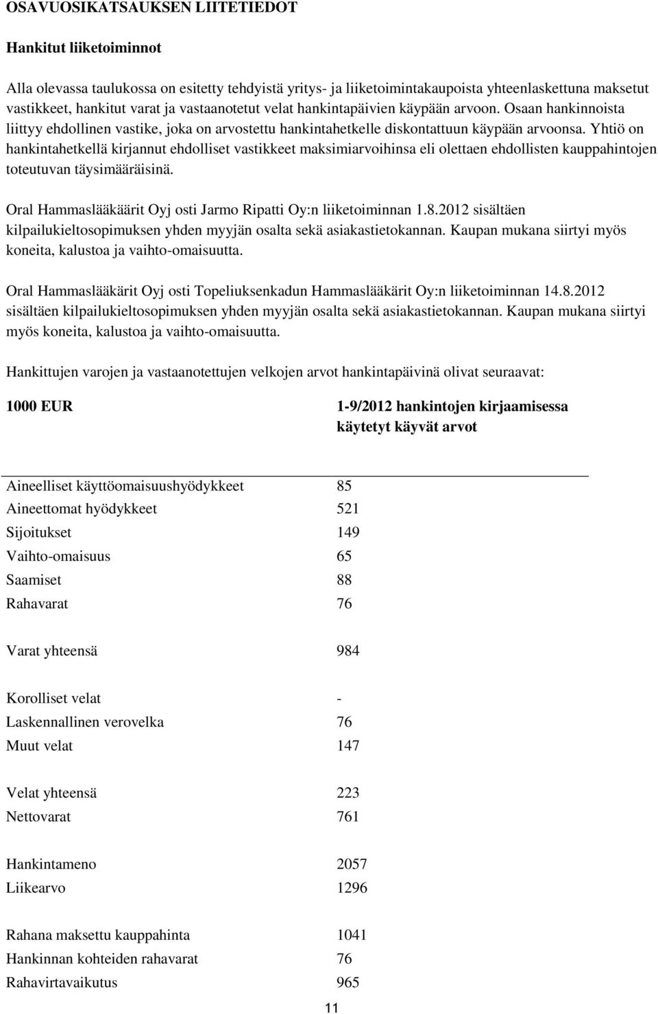 Yhtiö on hankintahetkellä kirjannut ehdolliset vastikkeet maksimiarvoihinsa eli olettaen ehdollisten kauppahintojen toteutuvan täysimääräisinä.