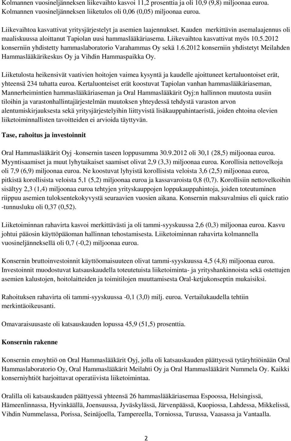 2012 konserniin yhdistetty hammaslaboratorio Varahammas Oy sekä 1.6.2012 konserniin yhdistetyt Meilahden Hammaslääkärikeskus Oy ja Vihdin Hammaspaikka Oy.