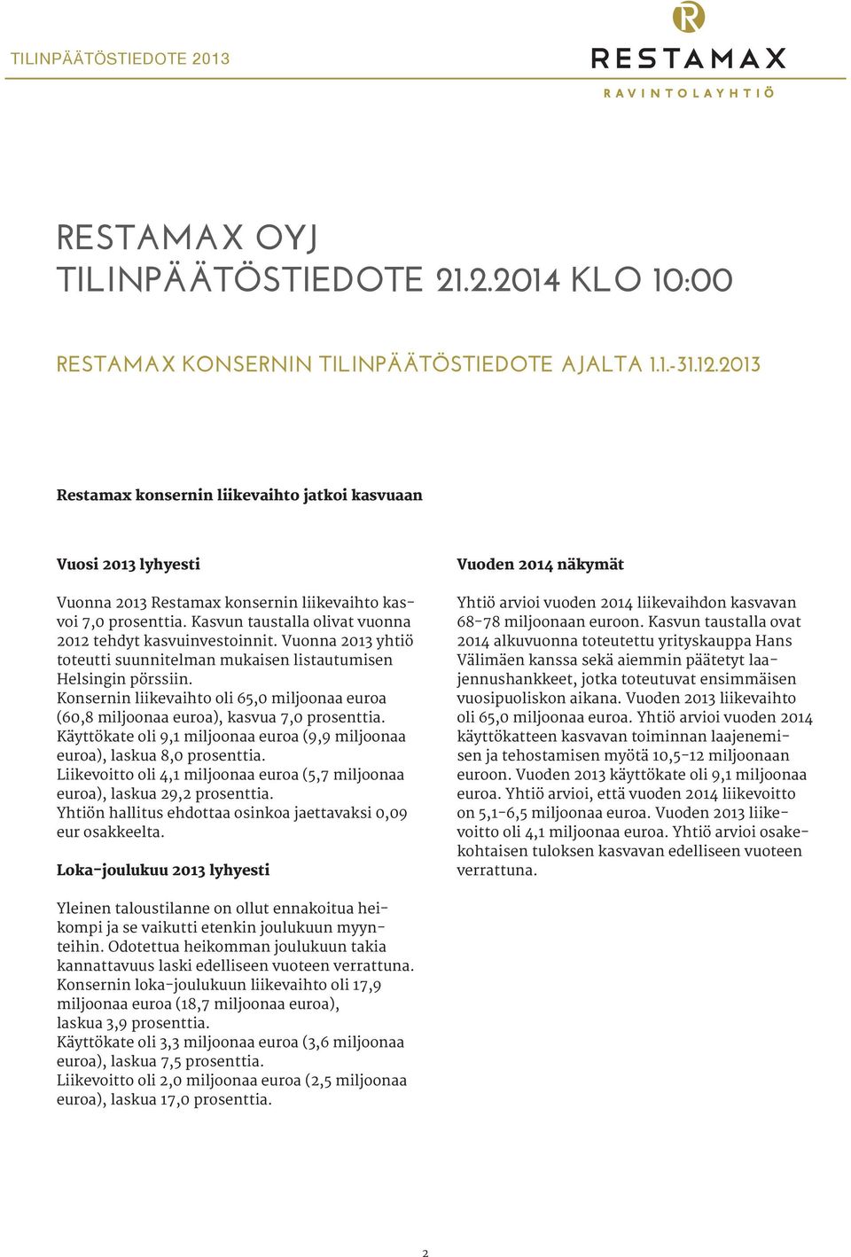 Vuonna 2013 yhtiö toteutti suunnitelman mukaisen listautumisen Helsingin pörssiin. Konsernin liikevaihto oli 65,0 miljoonaa euroa (60,8 miljoonaa euroa), kasvua 7,0 prosenttia.