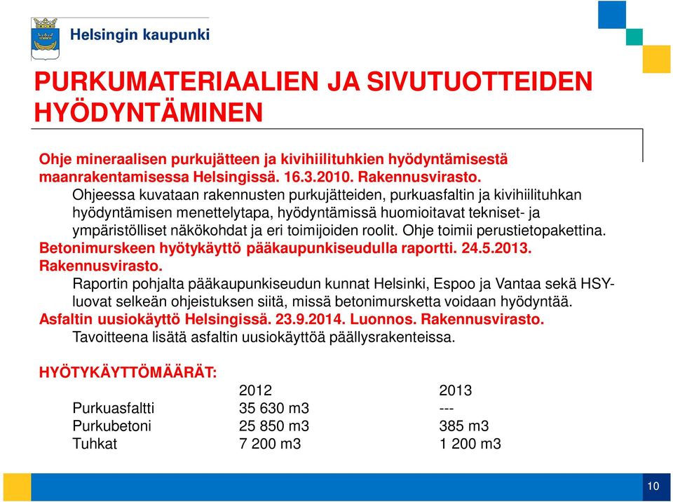 roolit. Ohje toimii perustietopakettina. Betonimurskeen hyötykäyttö pääkaupunkiseudulla raportti. 24.5.2013. Rakennusvirasto.