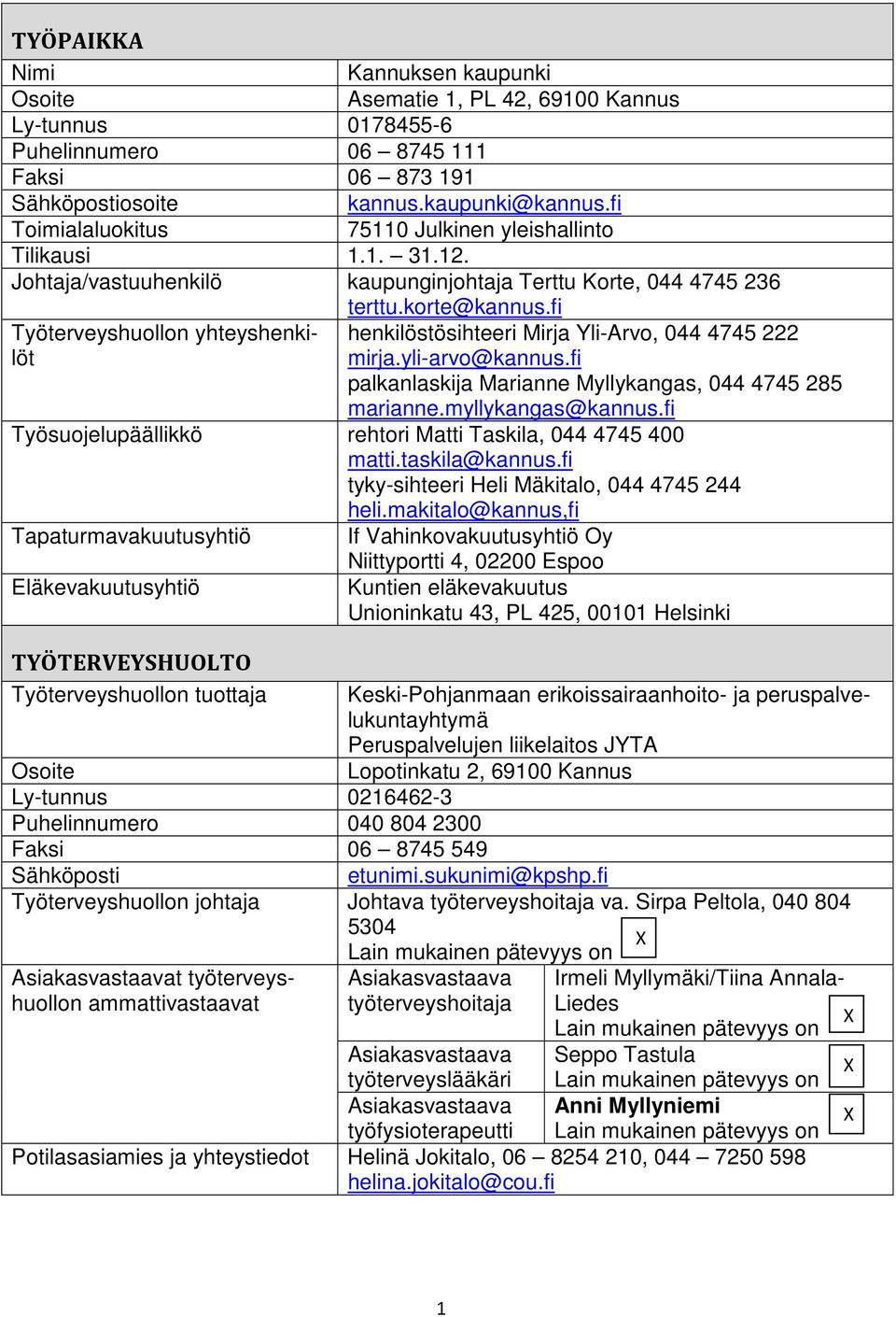 fi Työterveyshuollon yhteyshenkilöt henkilöstösihteeri Mirja Yli-Arvo, 044 4745 222 mirja.yli-arvo@kannus.fi palkanlaskija Marianne Myllykangas, 044 4745 285 marianne.myllykangas@kannus.