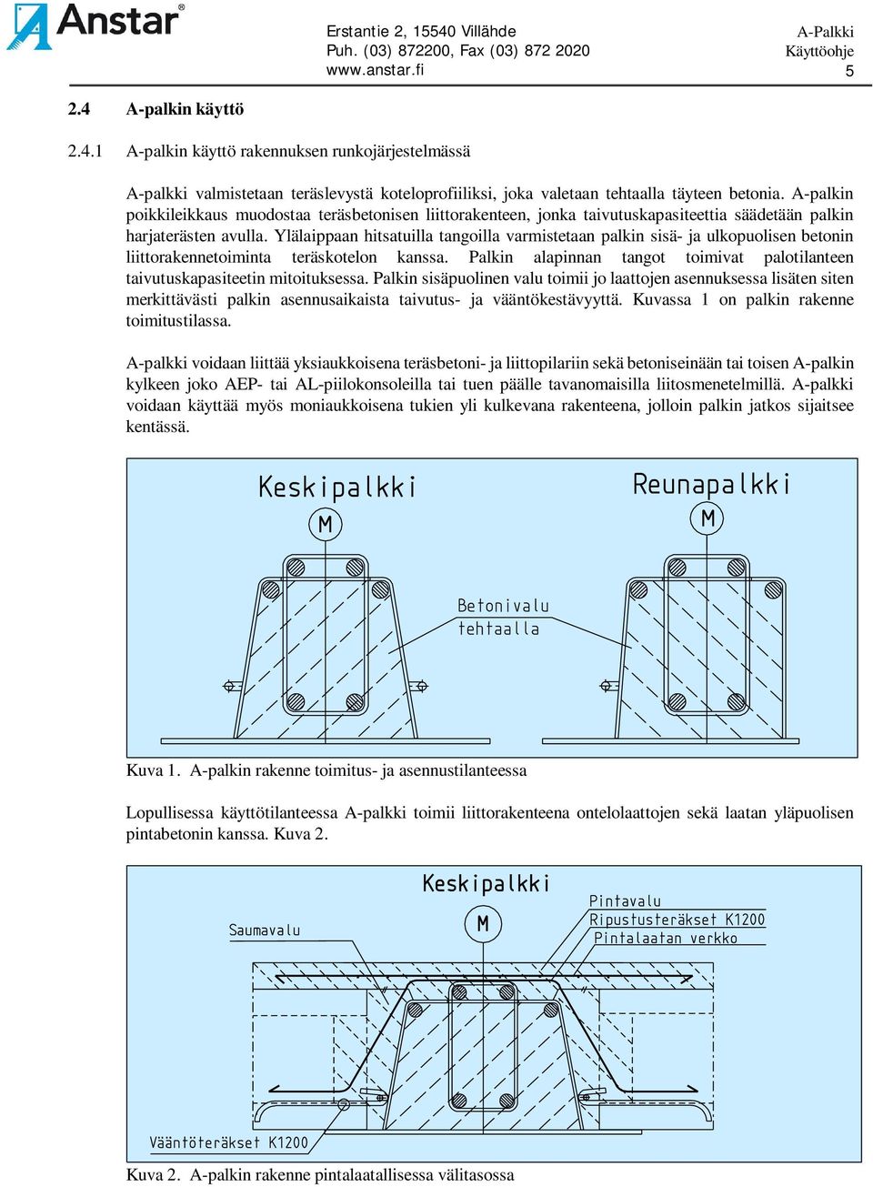 Ylälaippaan hitsatuilla tangoilla varmistetaan palkin sisä- ja ulkopuolisen betonin liittorakennetoiminta teräskotelon kanssa.