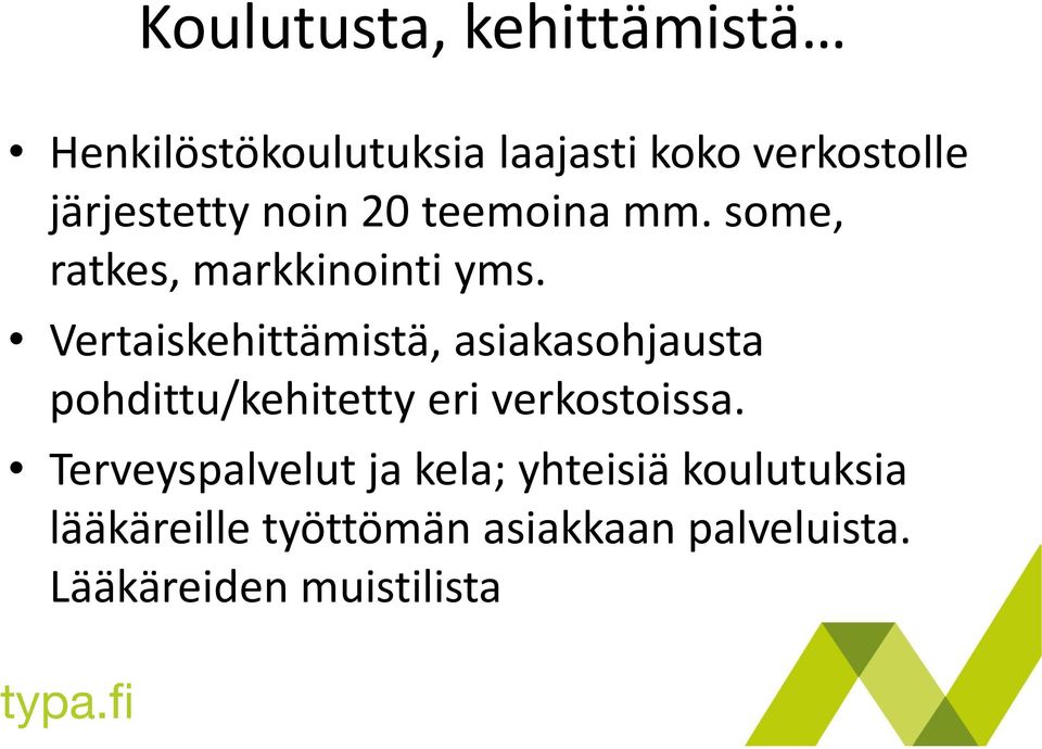 Vertaiskehittämistä, asiakasohjausta pohdittu/kehitetty eri verkostoissa.