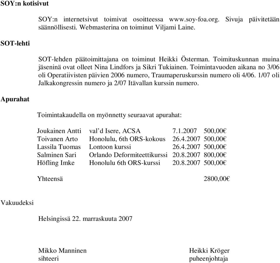 Toimintavuoden aikana no 3/06 oli Operatiivisten päivien 2006 numero, Traumaperuskurssin numero oli 4/06. 1/07 oli Jalkakongressin numero ja 2/07 Itävallan kurssin numero.