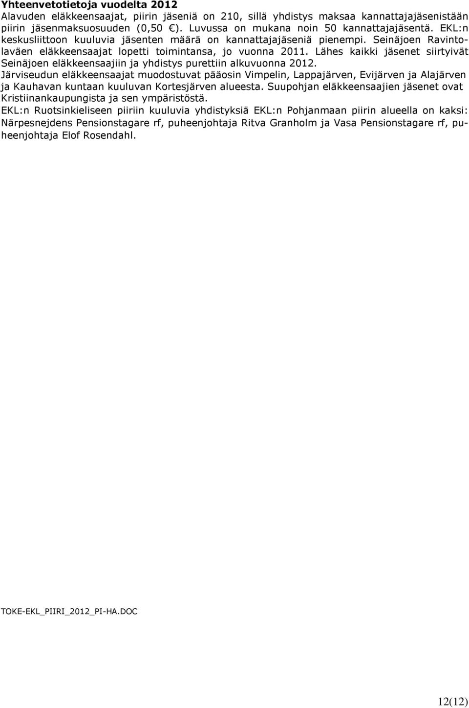 Lähes kaikki jäsenet siirtyivät Seinäjoen eläkkeensaajiin ja yhdistys purettiin alkuvuonna 2012.