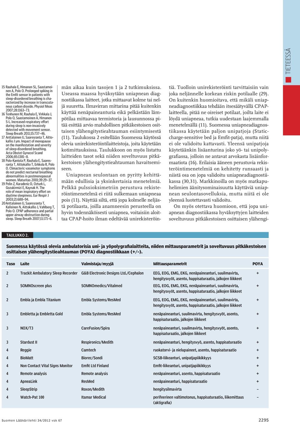 16 Tenhunen M, Rauhala E, Virkkala J, Polo O, Saastamoinen A, Himanen S-L. Increased respiratory effort during sleep is non-invasively detected with movement sensor. Sleep Breath 2011;15:737 46.