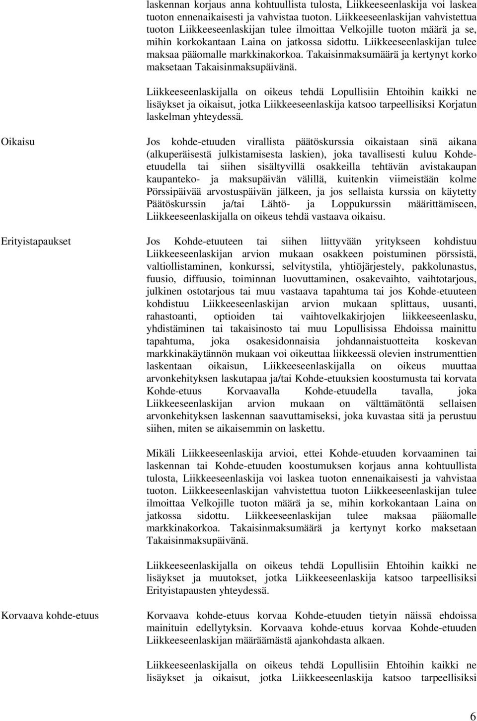 Liikkeeseenlaskijan tulee maksaa pääomalle markkinakorkoa. Takaisinmaksumäärä ja kertynyt korko maksetaan Takaisinmaksupäivänä.