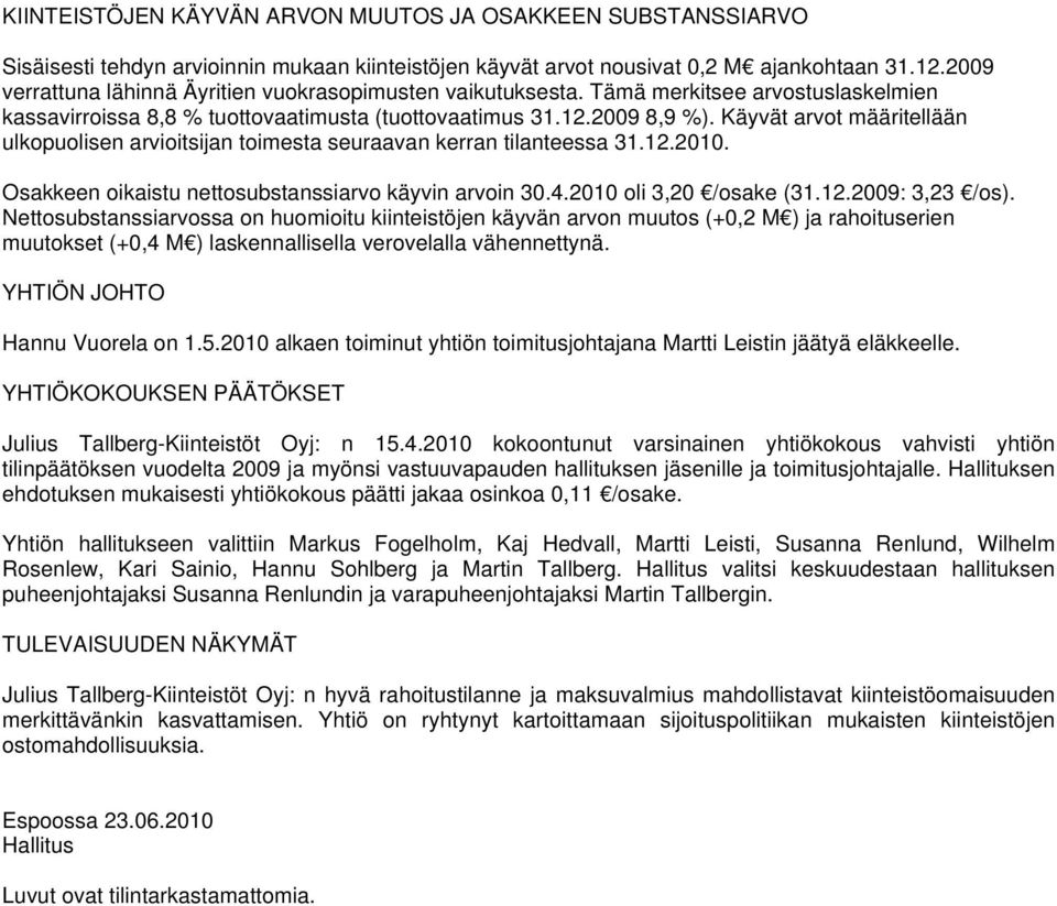 Käyvät arvot määritellään ulkopuolisen arvioitsijan toimesta seuraavan kerran tilanteessa 31.12.2010. Osakkeen oikaistu nettosubstanssiarvo käyvin arvoin 30.4.2010 oli 3,20 /osake (31.12.2009: 3,23 /os).