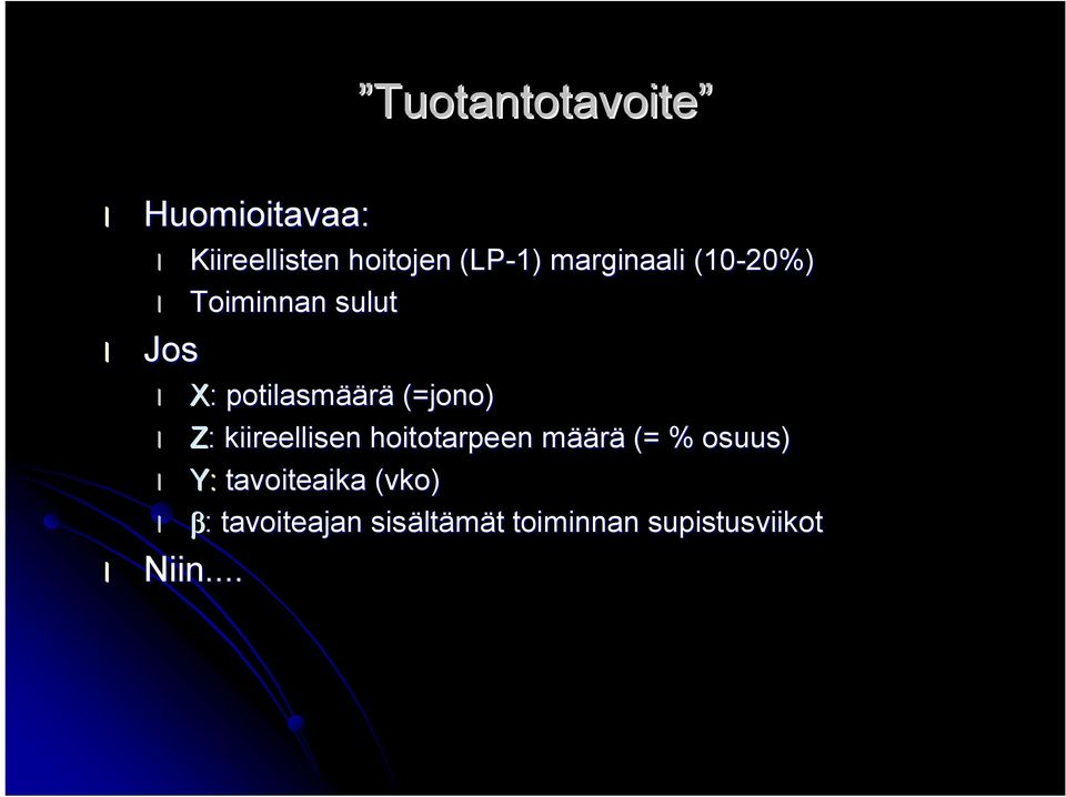 : kiireellisen hoitotarpeen määm äärä (= % osuus) Y: tavoiteaika