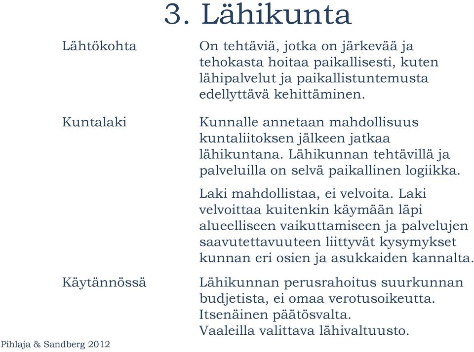 Kunnalle annetaan mahdollisuus kuntaliitoksen jälkeen jatkaa lähikuntana. Lähikunnan tehtävillä ja palveluilla on selvä paikallinen logiikka.