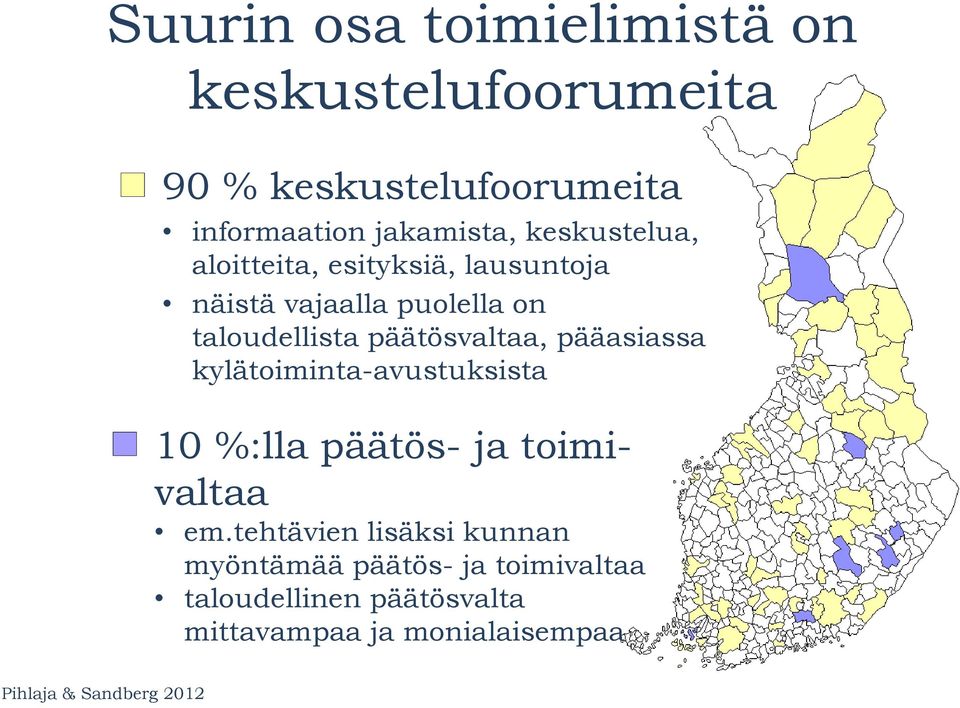 taloudellista päätösvaltaa, pääasiassa kylätoiminta-avustuksista 10 %:lla päätös- ja toimivaltaa