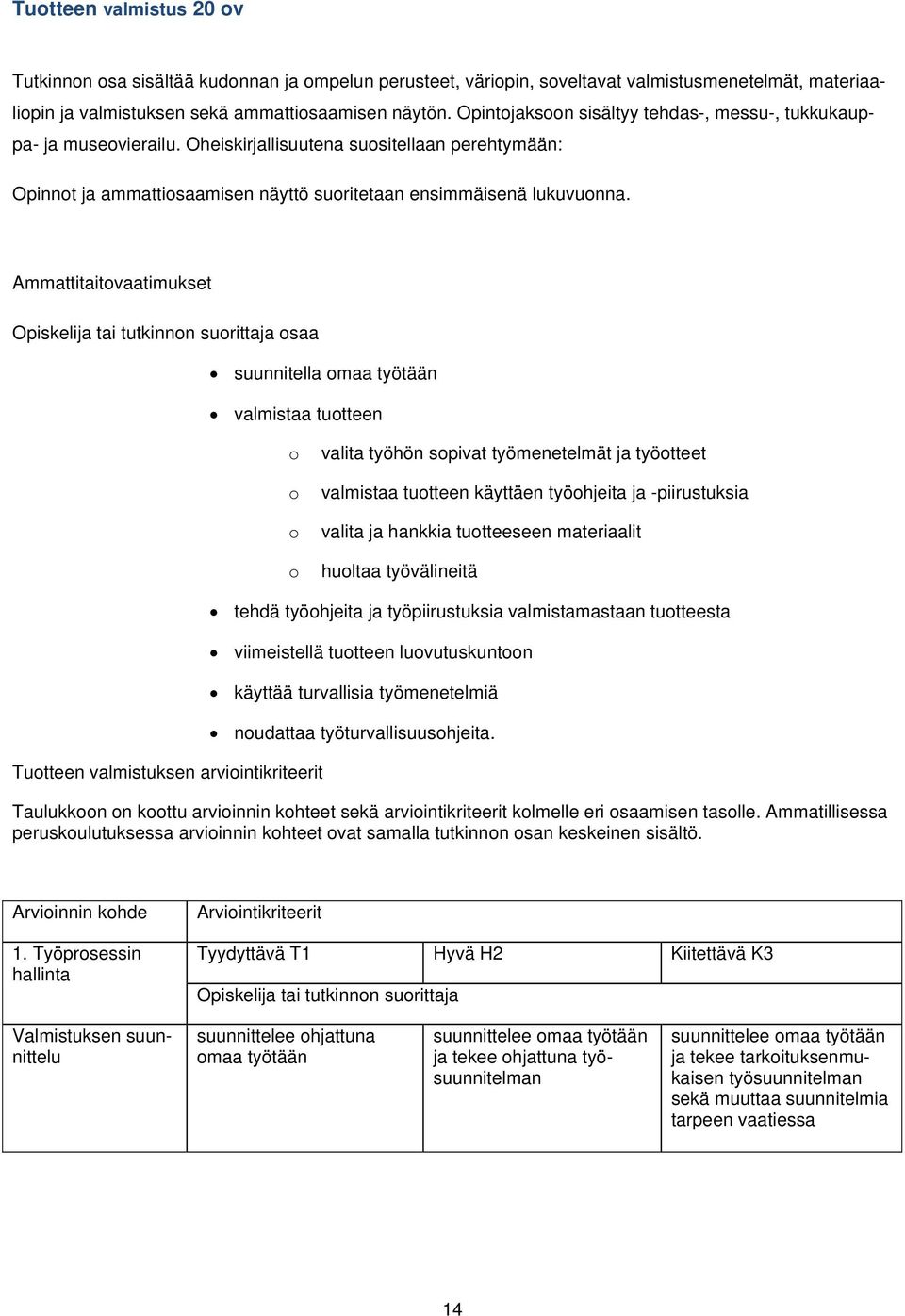 Ammattitaitovaatimukset Opiskelija tai tutkinnon suorittaja osaa suunnitella omaa työtään valmistaa tuotteen o o o o valita työhön sopivat työmenetelmät ja työotteet valmistaa tuotteen käyttäen