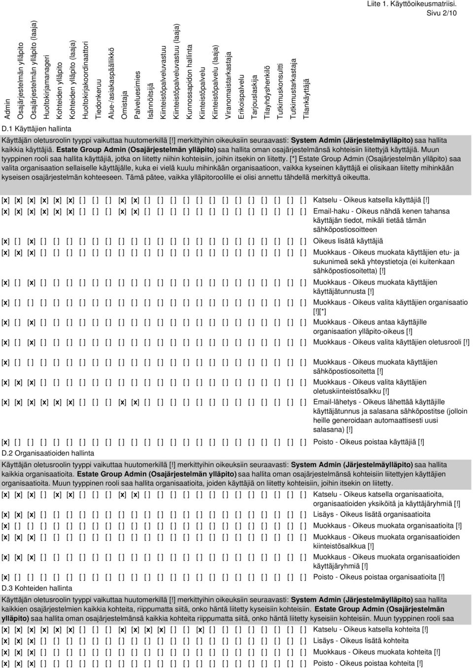 Alue-/asiakaspäällikkö Omistaja Palveluesimies Isännöitsijä Kiinteistöpalveluvastuu Kiinteistöpalveluvastuu (laaja) Kunnossapidon hallinta Kiinteistöpalvelu Kiinteistöpalvelu (laaja)