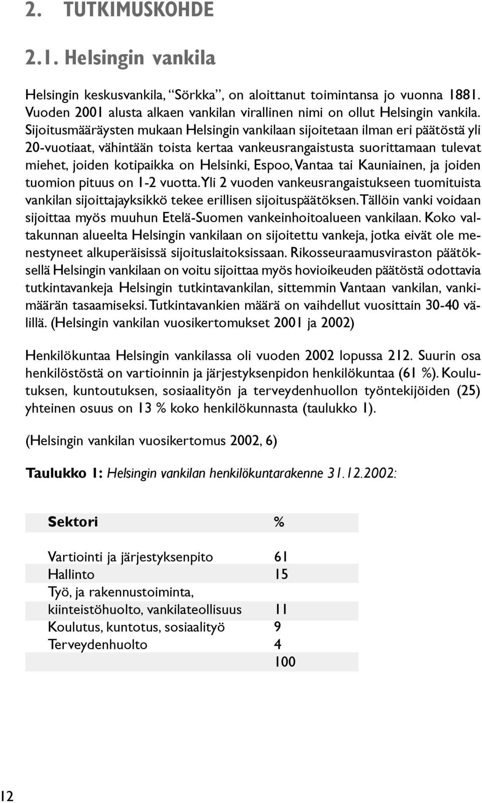 Espoo, Vantaa tai Kauniainen, ja joiden tuomion pituus on 1-2 vuotta. Yli 2 vuoden vankeusrangaistukseen tuomituista vankilan sijoittajayksikkö tekee erillisen sijoituspäätöksen.