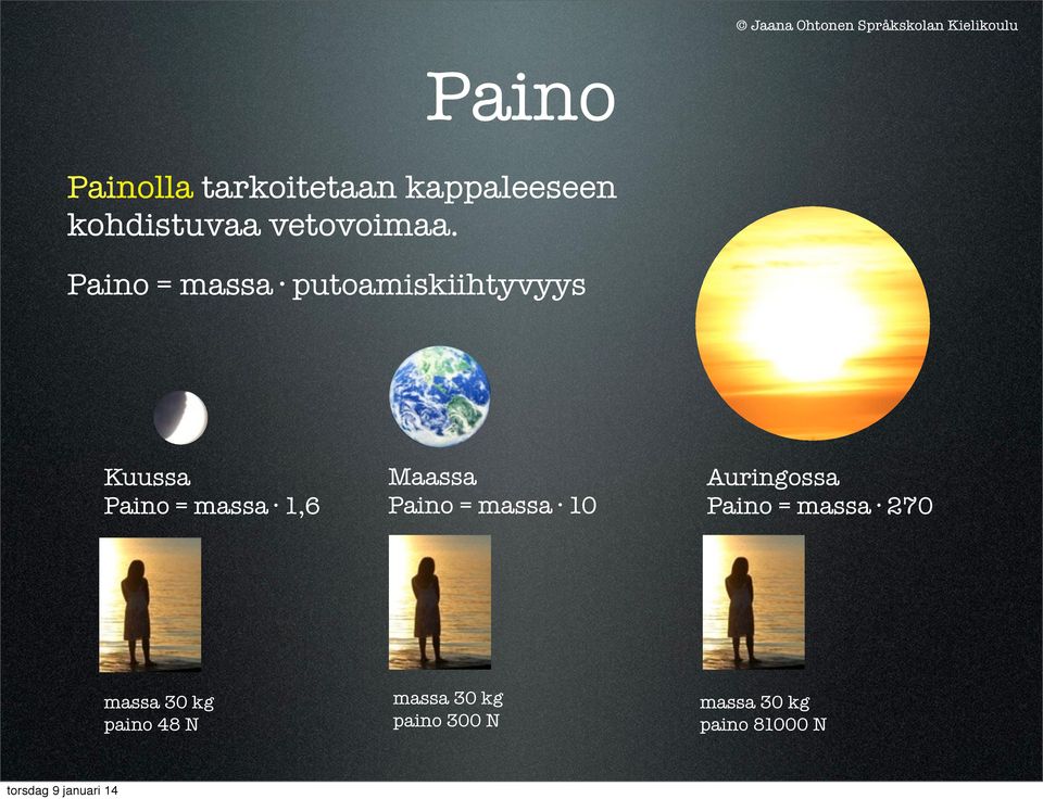 Paino = massa putoamiskiihtyvyys Kuussa Paino = massa 1,6