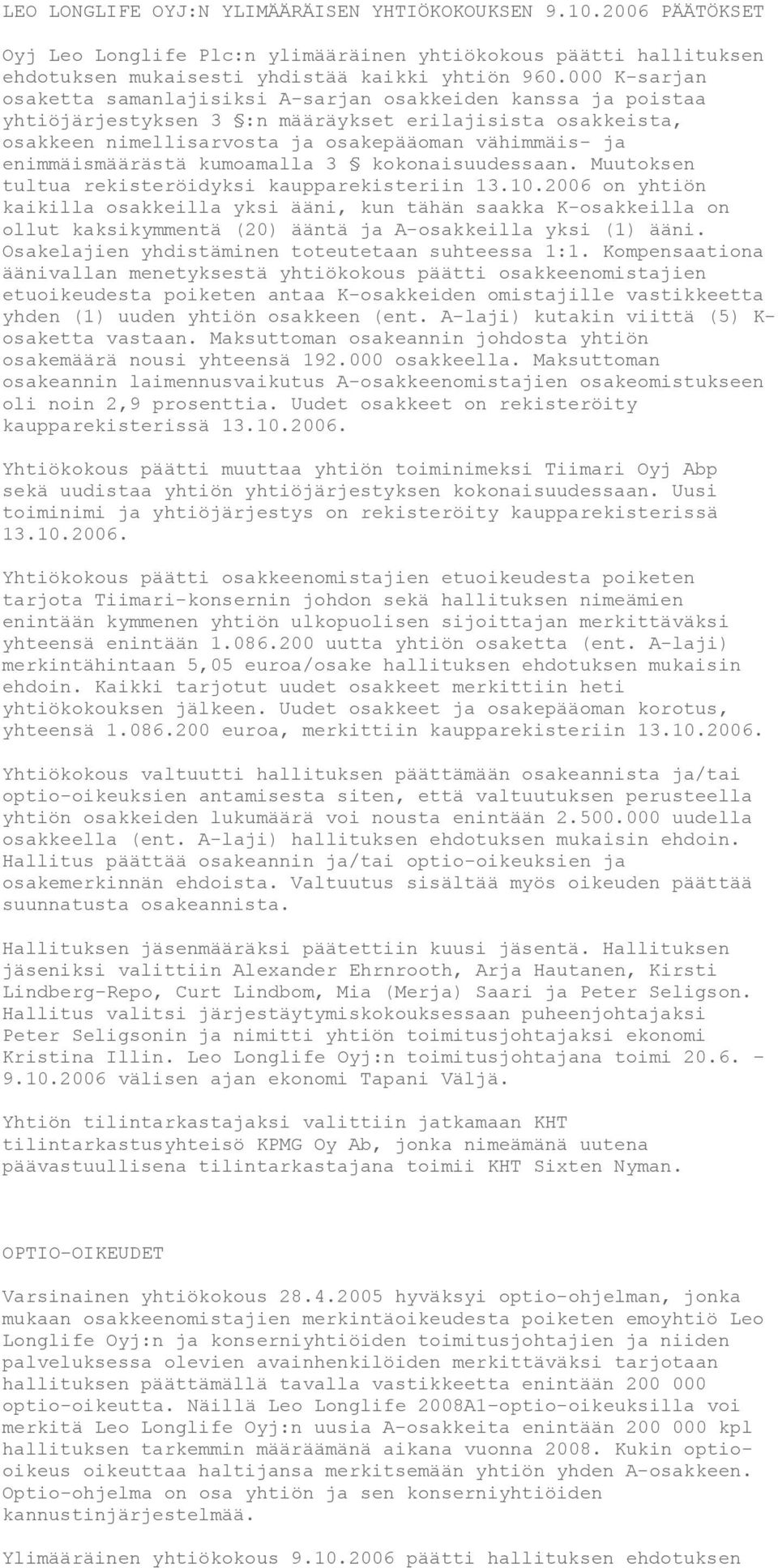 enimmäismäärästä kumoamalla 3 kokonaisuudessaan. Muutoksen tultua rekisteröidyksi kaupparekisteriin 13.10.