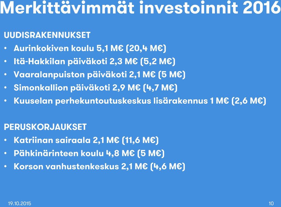M ) Kuuselan perhekuntoutuskeskus lisärakennus 1 M (2,6 M ) PERUSKORJAUKSET Katriinan sairaala