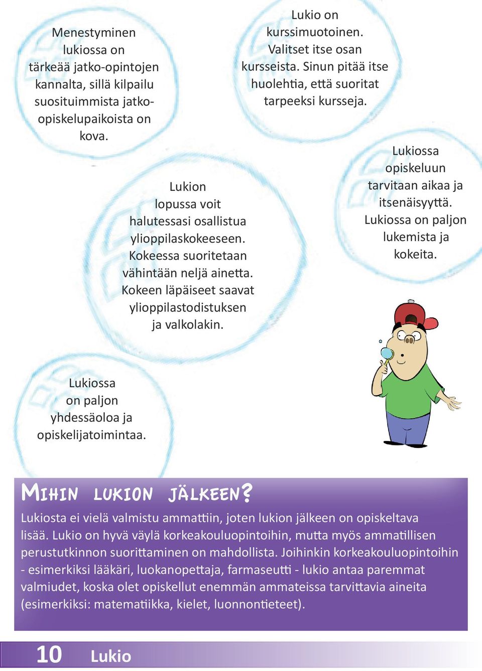 Sinun pitää itse huolehtia, että suoritat tarpeeksi kursseja. Lukiossa opiskeluun tarvitaan aikaa ja itsenäisyyttä. Lukiossa on paljon lukemista ja kokeita.