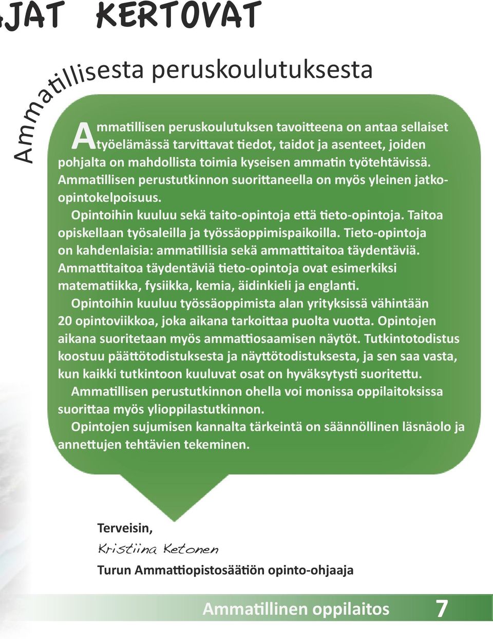 Tieto-opintoja on kahdenlaisia: ammatillisia sekä ammattitaitoa täydentäviä. Ammattitaitoa täydentäviä tieto-opintoja ovat esimerkiksi matematiikka, fysiikka, kemia, äidinkieli ja englanti.