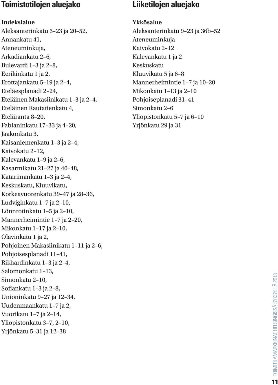 Kasarmikatu 21 27 ja 40 48, Katariinankatu 1 3 ja 2 4, Keskuskatu, Kluuvikatu, Korkeavuorenkatu 39 47 ja 28 36, Ludviginkatu 1 7 ja 2 10, Lönnrotinkatu 1 5 ja 2 10, Mannerheimintie 1 7 ja 2 20,