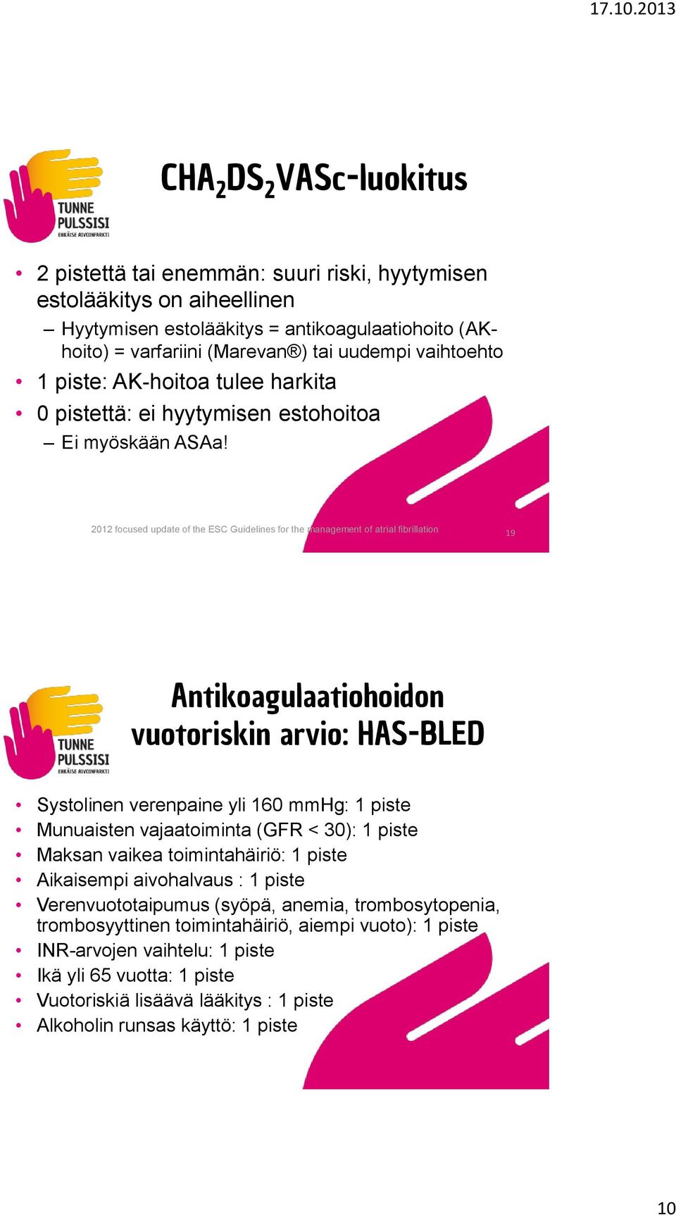 2012 focused update of the ESC Guidelines for the management of atrial fibrillation 19 Antikoagulaatiohoidon vuotoriskin arvio: HAS-BLED Systolinen verenpaine yli 160 mmhg: 1 piste Munuaisten