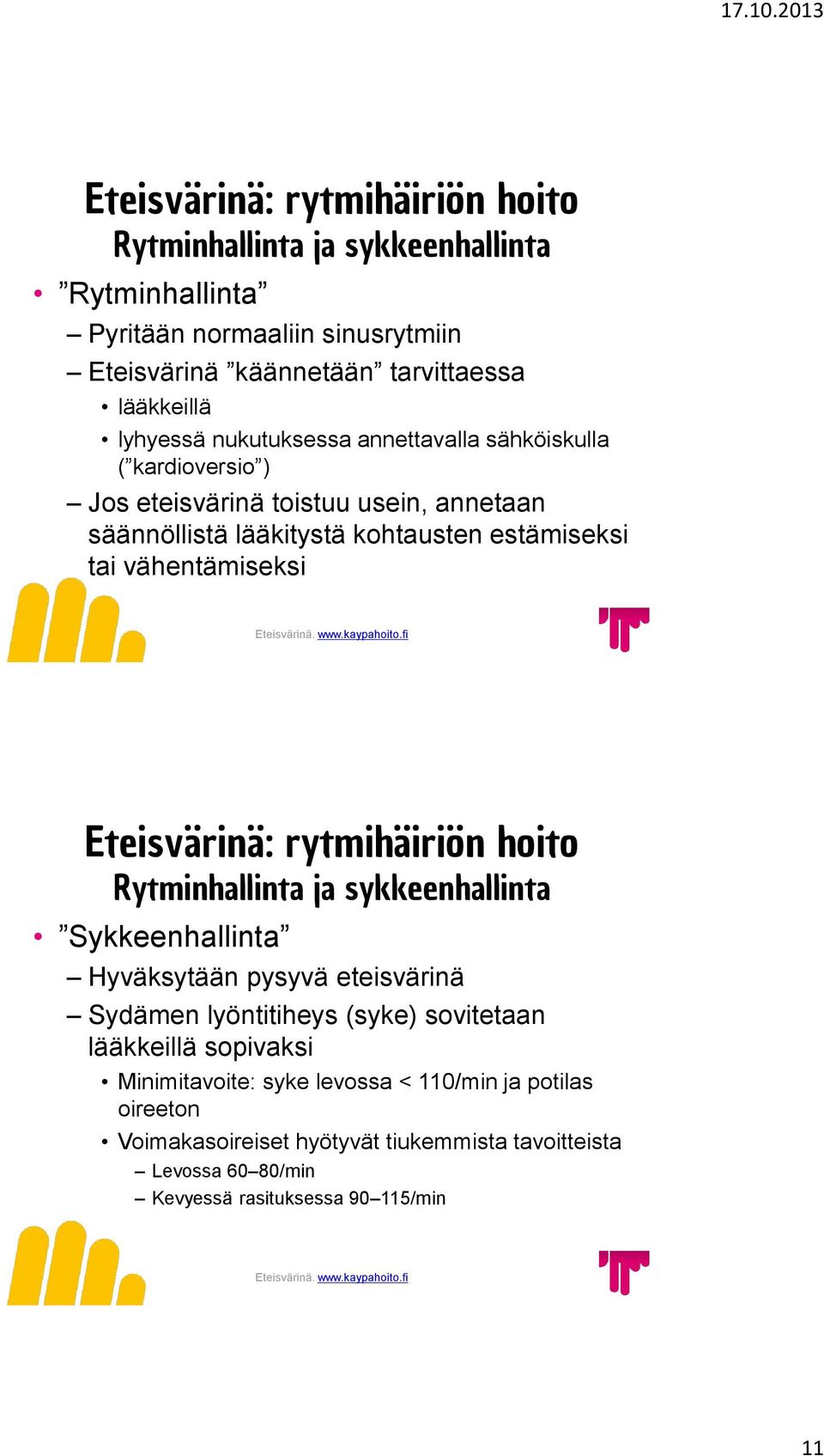 fi Eteisvärinä: rytmihäiriön hoito Rytminhallinta ja sykkeenhallinta Sykkeenhallinta Hyväksytään pysyvä eteisvärinä Sydämen lyöntitiheys (syke) sovitetaan lääkkeillä sopivaksi