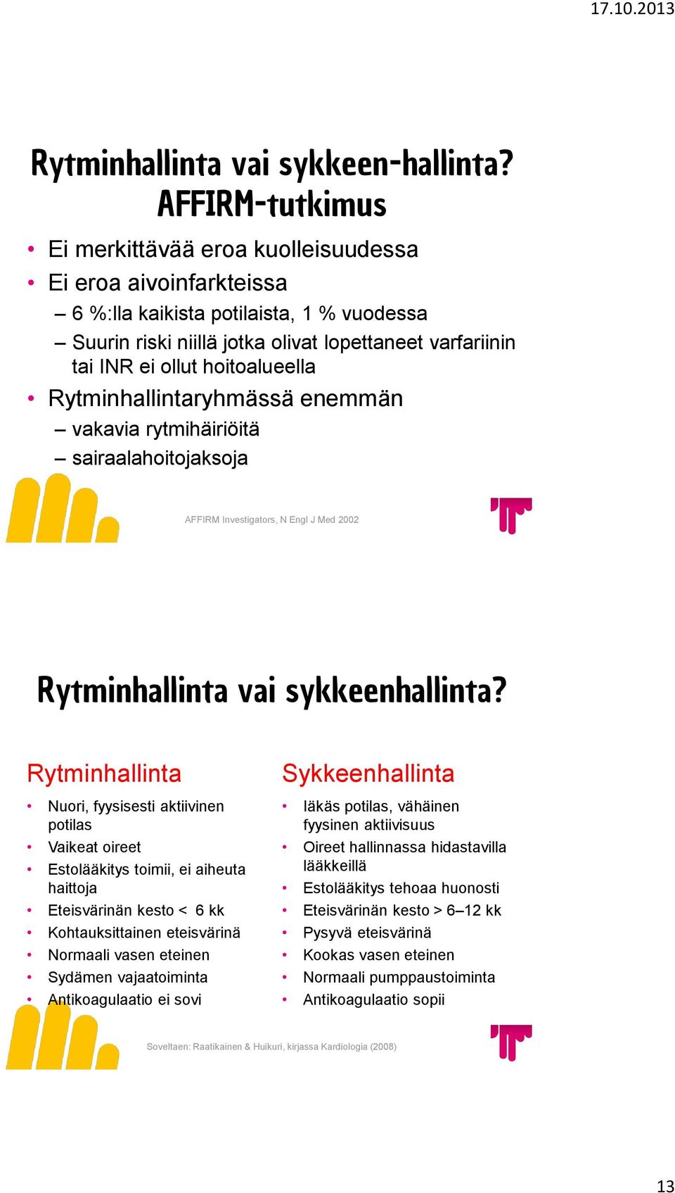 hoitoalueella Rytminhallintaryhmässä enemmän vakavia rytmihäiriöitä sairaalahoitojaksoja AFFIRM Investigators, N Engl J Med 2002 Rytminhallinta vai sykkeenhallinta?