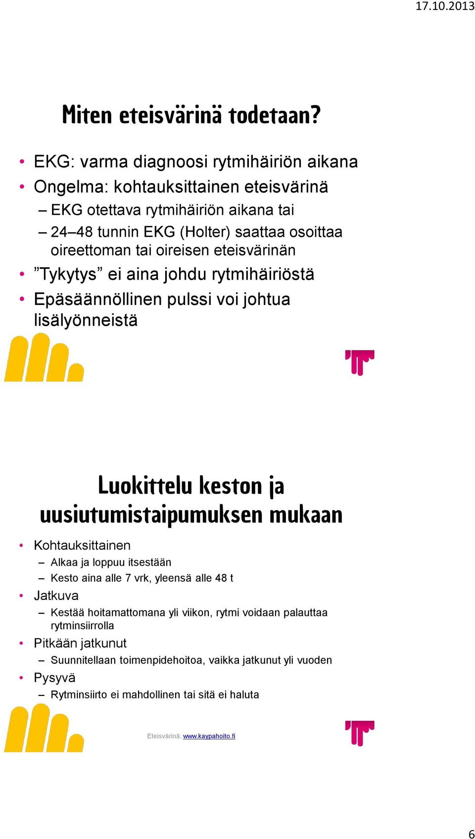 tai oireisen eteisvärinän Tykytys ei aina johdu rytmihäiriöstä Epäsäännöllinen pulssi voi johtua lisälyönneistä Luokittelu keston ja uusiutumistaipumuksen mukaan