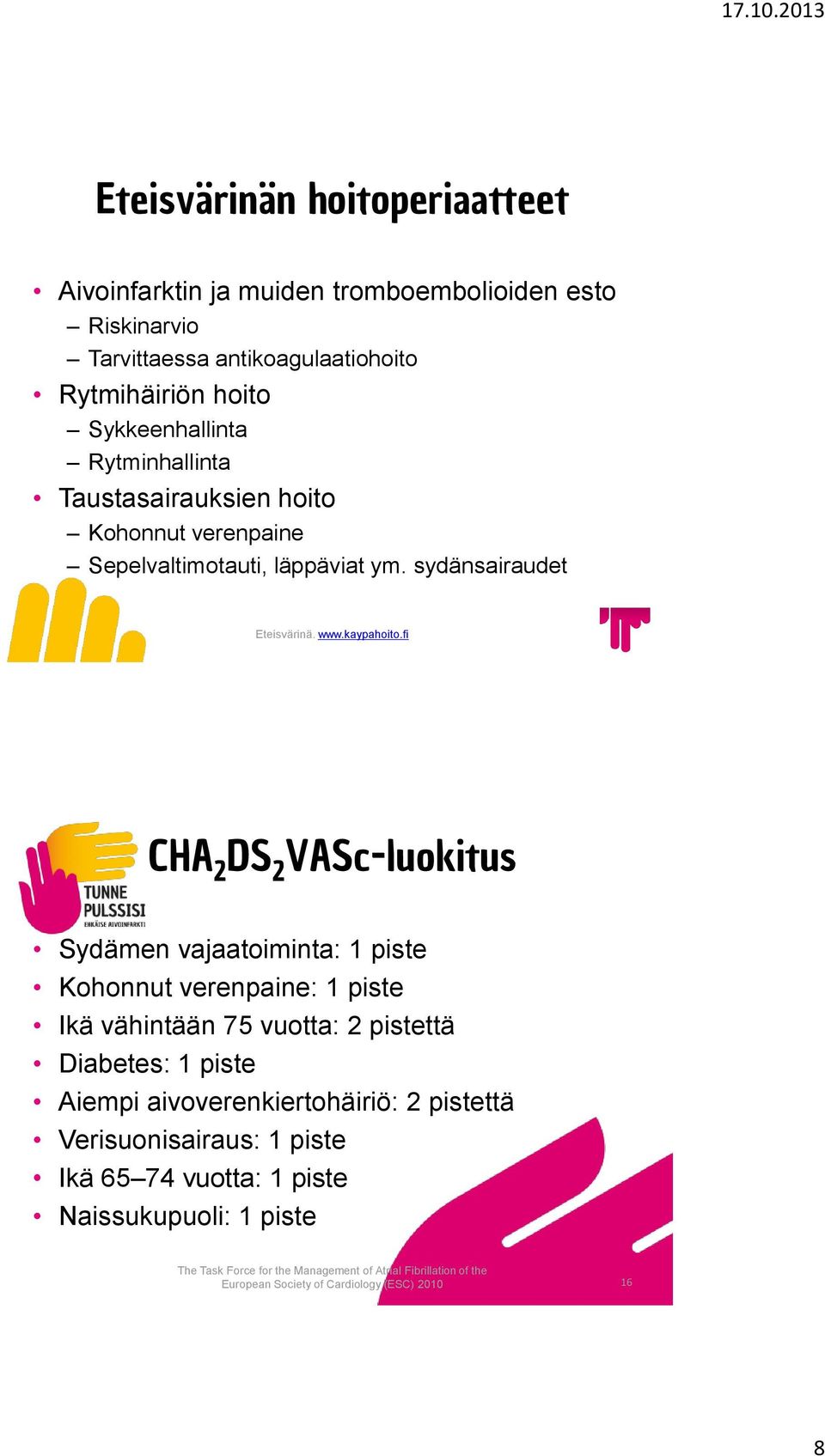 fi CHA 2 DS 2 VASc-luokitus Sydämen vajaatoiminta: 1 piste Kohonnut verenpaine: 1 piste Ikä vähintään 75 vuotta: 2 pistettä Diabetes: 1 piste Aiempi