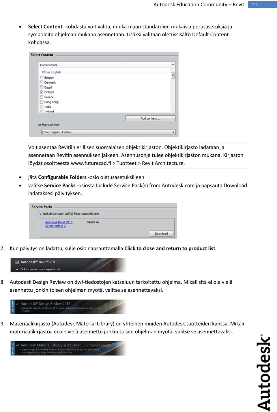 Kirjaston löydät osoitteesta www.futurecad.fi > Tuotteet > Revit Architecture. jätä Configurable Folders osio oletusasetuksilleen valitse Service Packs osiosta Include Service Pack(s) from Autodesk.