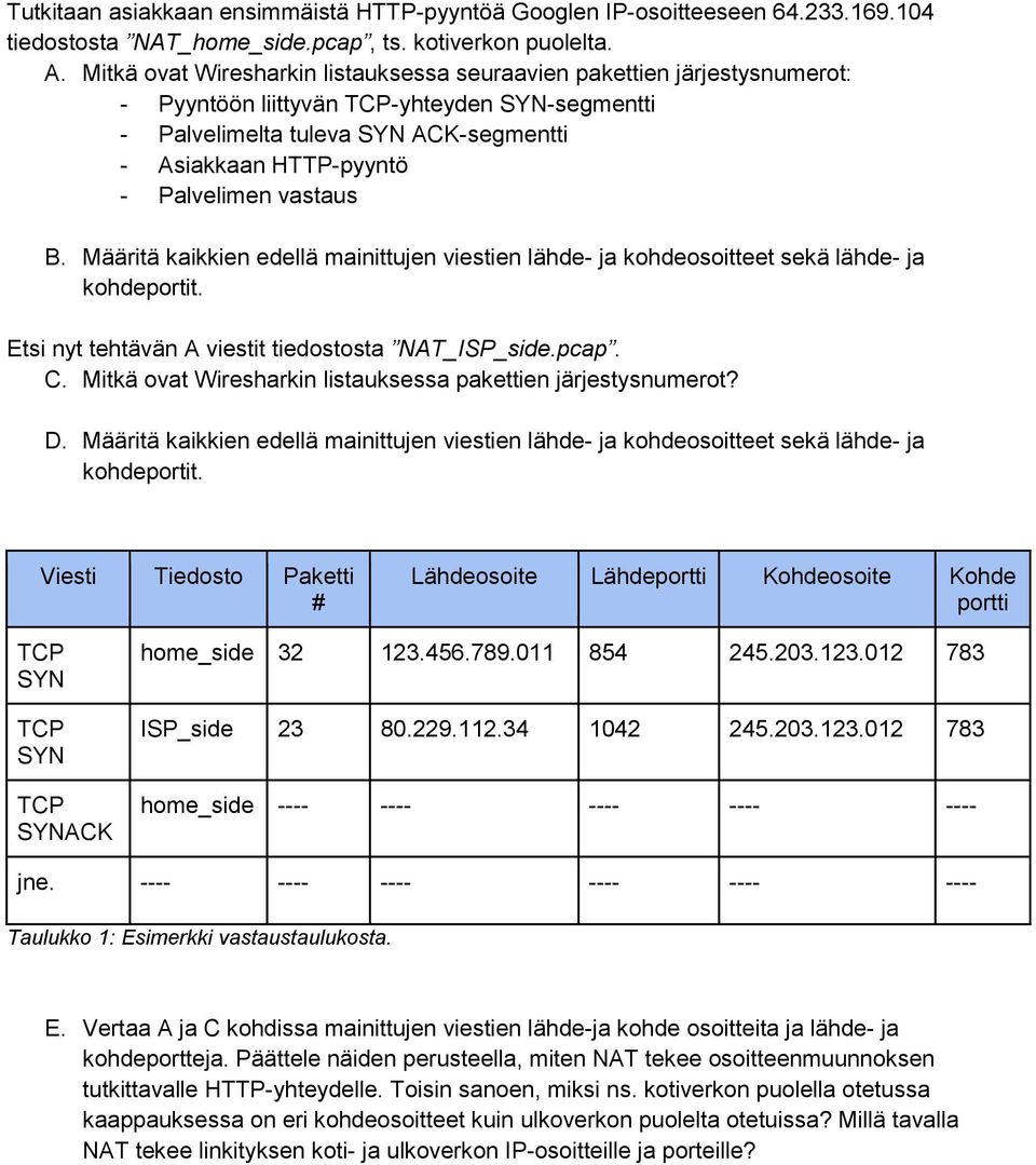 vastaus B. Määritä kaikkien edellä mainittujen viestien lähde- ja kohdeosoitteet sekä lähde- ja kohdeportit. Etsi nyt tehtävän A viestit tiedostosta NAT_ISP_side.pcap. C.