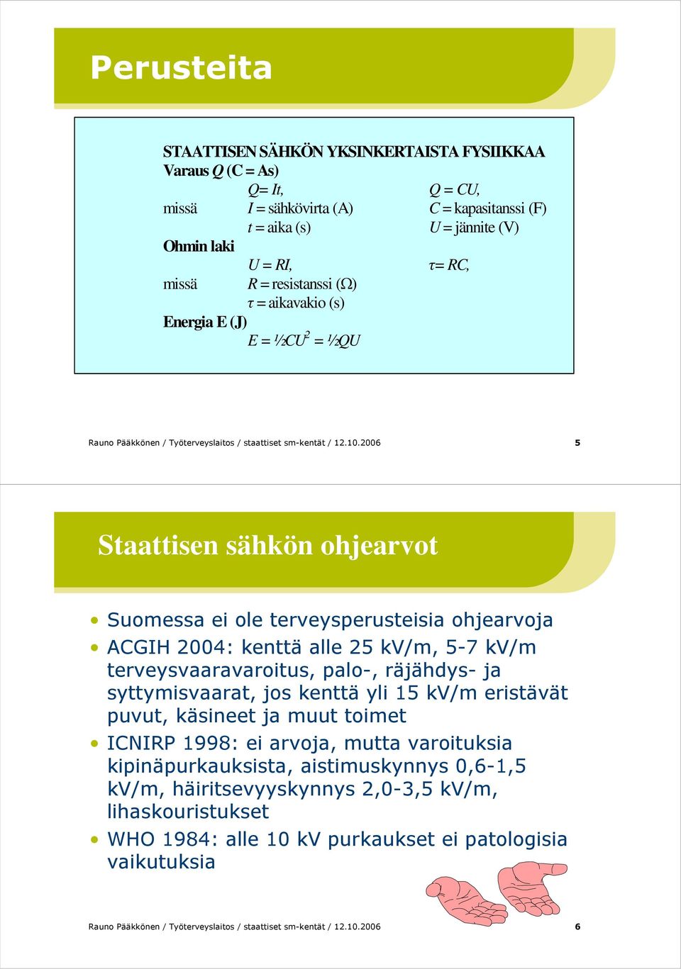 2006 5 Staattisen sähkön ohjearvot Suomessa ei ole terveysperusteisia ohjearvoja ACGIH 2004: kenttä alle 25 kv/m, 5-7 kv/m terveysvaaravaroitus, palo-, räjähdys- ja syttymisvaarat, jos kenttä yli 15