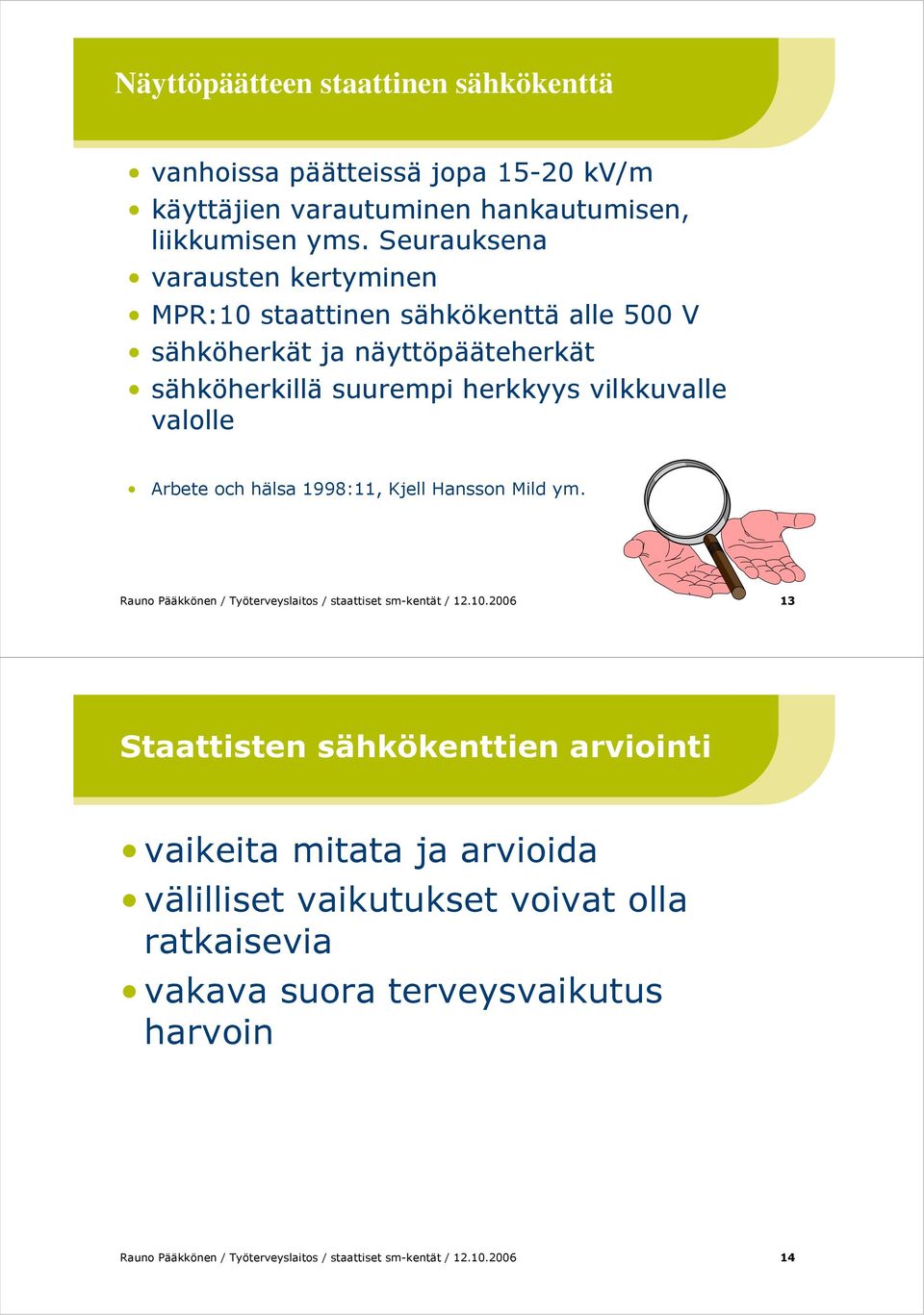 Arbete och hälsa 1998:11, Kjell Hansson Mild ym. Rauno Pääkkönen / Työterveyslaitos / staattiset sm-kentät / 12.10.