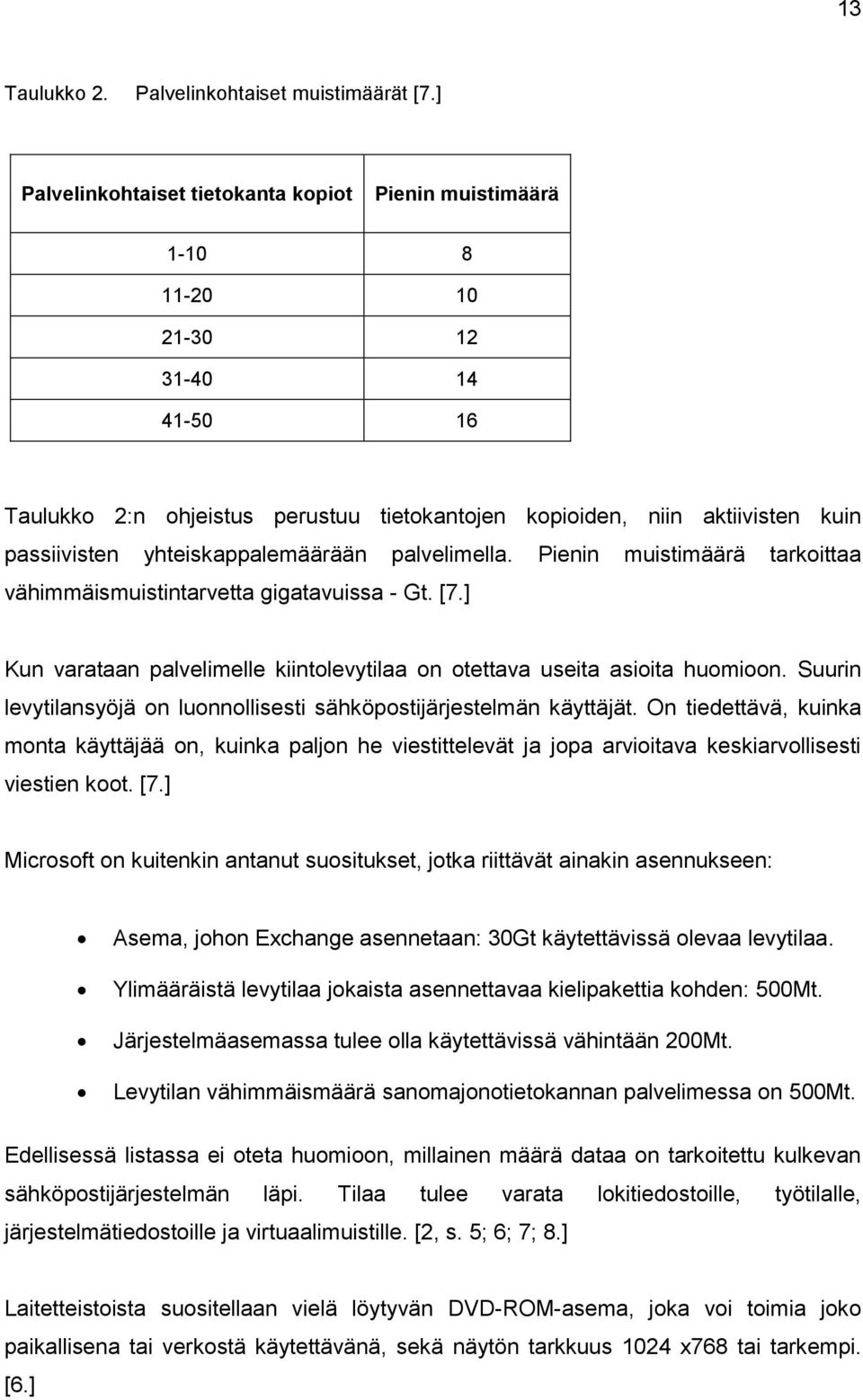 yhteiskappalemäärään palvelimella. Pienin muistimäärä tarkoittaa vähimmäismuistintarvetta gigatavuissa - Gt. [7.] Kun varataan palvelimelle kiintolevytilaa on otettava useita asioita huomioon.