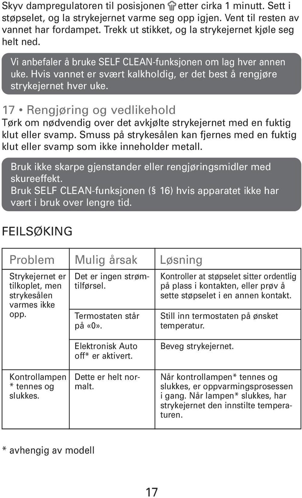 Hvis vannet er svært kalkholdig, er det best å rengjøre strykejernet hver uke. 17 Rengjøring og vedlikehold Tørk om nødvendig over det avkjølte strykejernet med en fuktig klut eller svamp.