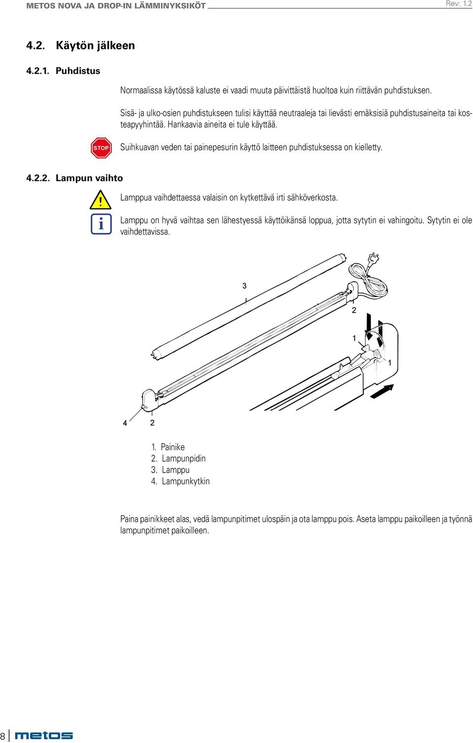 .2.2008 Rev. 1.1 Operating instructions STOP Suihkuavan veden tai painepesurin käyttö laitteen puhdistuksessa on kielletty. 4.2.3 Replacing the lamp 4.2.2. Lampun vaihto Switch off the luminaire at the mains before replacing the lamp.