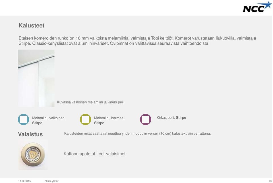 Ovipinnat on valittavissa seuraavista vaihtoehdoista: Kuvassa valkoinen melamiini ja kirkas peili Melamiini, valkoinen, Stirpe