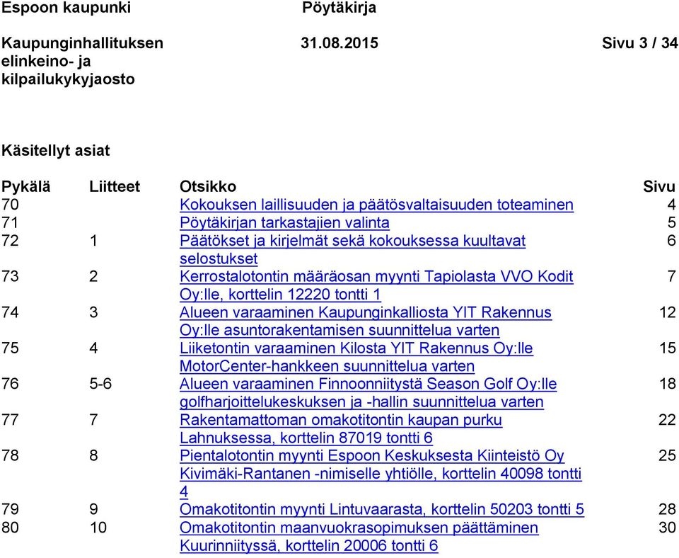 kokouksessa kuultavat 6 selostukset 73 2 Kerrostalotontin määräosan myynti Tapiolasta VVO Kodit 7 Oy:lle, korttelin 12220 tontti 1 74 3 Alueen varaaminen Kaupunginkalliosta YIT Rakennus 12 Oy:lle