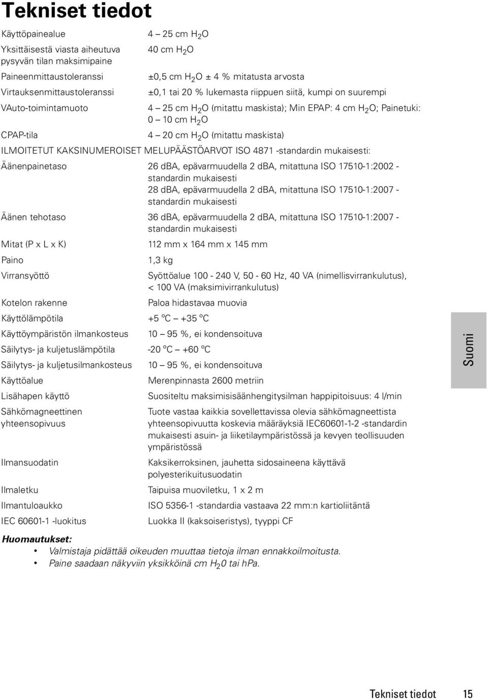 maskista) ILMOITETUT KAKSINUMEROISET MELUPÄÄSTÖARVOT ISO 4871 -standardin mukaisesti: Äänenpainetaso 26 dba, epävarmuudella 2 dba, mitattuna ISO 17510-1:2002 - standardin mukaisesti 28 dba,